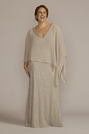 Beaded Sheath Gown with Chiffon Capelet ...